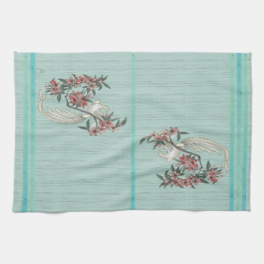 White Bird - Kersenbloesem Aqua Theedoek (Horizontaal)