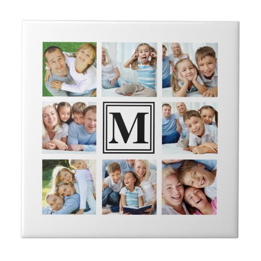 White Black 8 Family Photo Collage Monogram Tegeltje (Voorkant)