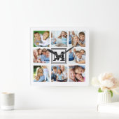 White Black 8 Photo Grid Family Collage Monogram Vierkante Klok (Huis)