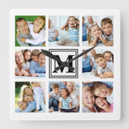 White Black 8 Photo Grid Family Collage Monogram Vierkante Klok