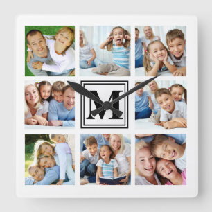 White Black 8 Photo Grid Family Collage Monogram Vierkante Klok