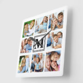 White Black 8 Photo Grid Family Collage Monogram Vierkante Klok (Hoek)