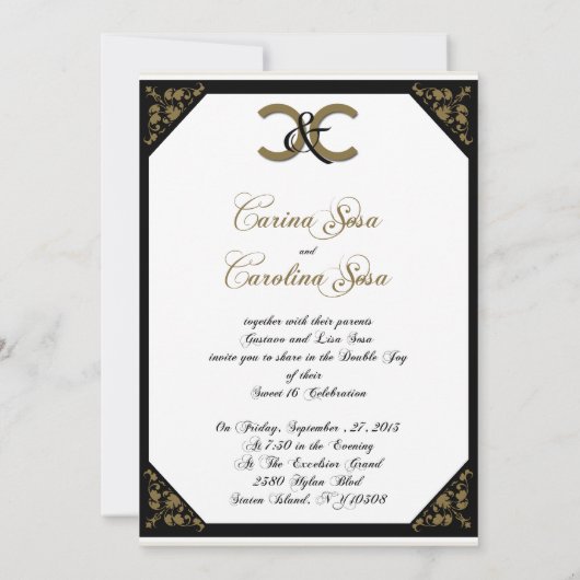 White Black and Gold Damask Sweet 16 Invitation Kaart (Achterkant)