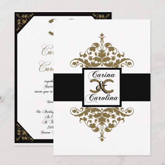 White Black and Gold Damask Sweet 16 Invitation Kaart (Voorkant / Achterkant)