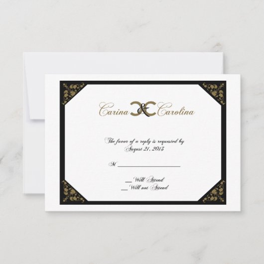 White Black and Gold Damask Sweet 16-reactiekaart RSVP Kaartje (Voorkant)