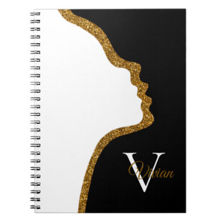 White Black and Gold Glitter Face Monogram Name Notitieboek