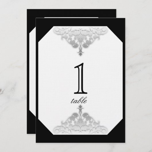White Black and Silver Damask Table Number Kaart (Voorkant / Achterkant)