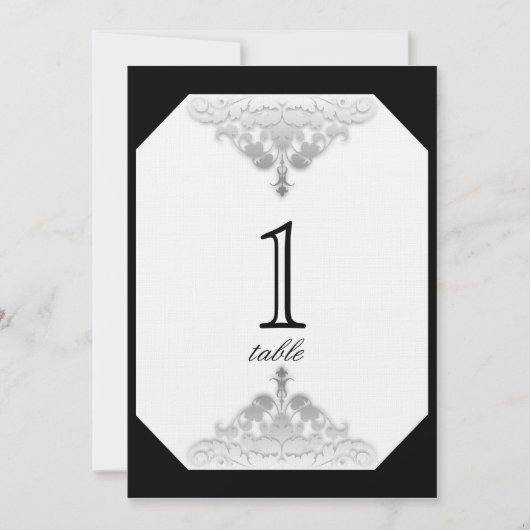 White Black and Silver Damask Table Number Kaart (Voorkant)