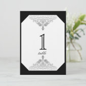 White Black and Silver Damask Table Number Kaart (Staand voorkant)