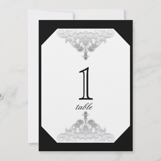White Black and Silver Damask Table Number Kaart (Achterkant)