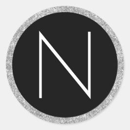White Black and Silver Glitter Monogram Ronde Sticker