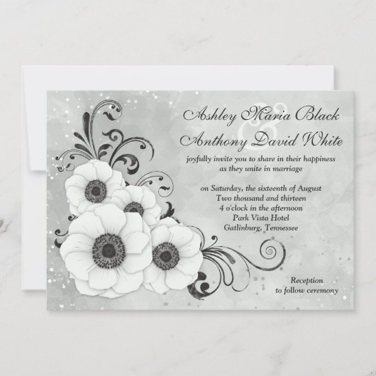 White Black Anemone Flower Floral Wedding Kaart (Voorkant)