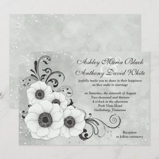 White Black Anemone Flower Floral Wedding Kaart (Voorkant / Achterkant)
