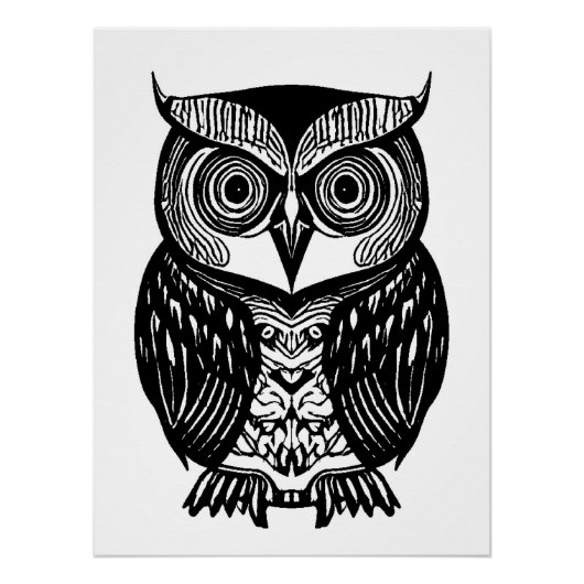White Black Boho Owl Glossy Poster (Voorkant)