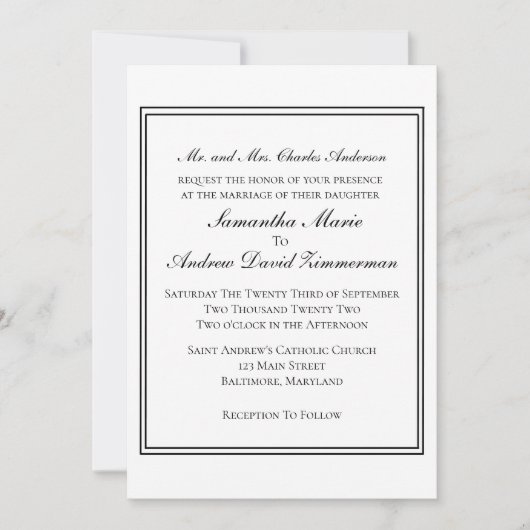 White Black Border Classic Formal Elegant Wedding Kaart (Voorkant)