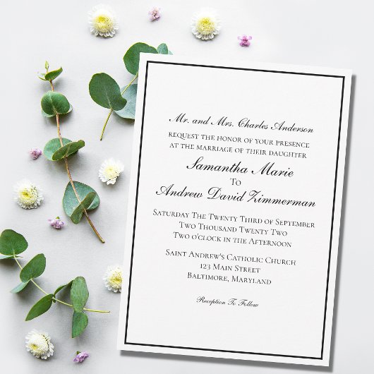 White Black Border Classic Formal Elegant Wedding Kaart