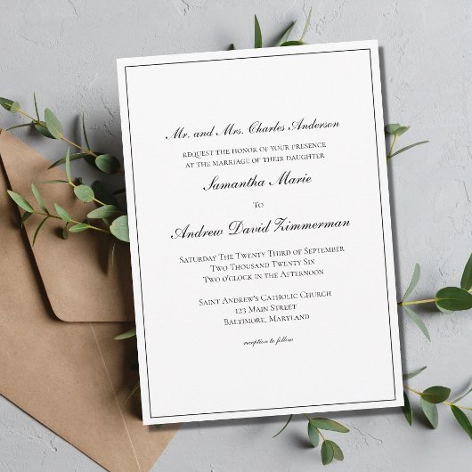 White Black Border Classic Formal Elegant Wedding Kaart