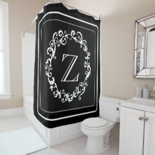 White Black Border Design Monogram Douchegordijn