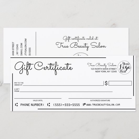 White Black Border Logo Check Cadeaubon (Voorkant / Achterkant)