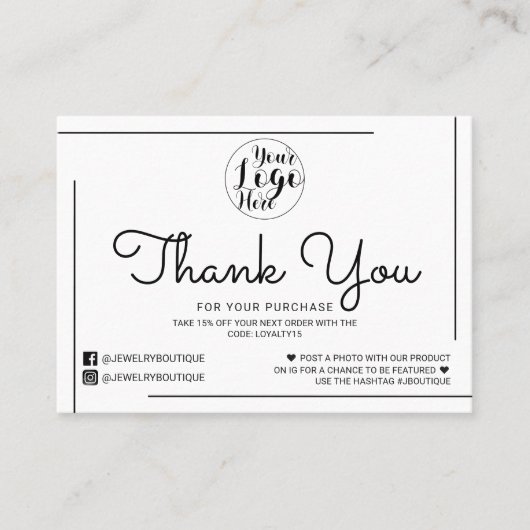 White Black Border Script Logo Klant Bedankt Visitekaartje (Voorkant)
