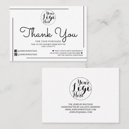 White Black Border Script Logo Klant Bedankt Visitekaartje (Voorkant / Achterkant)