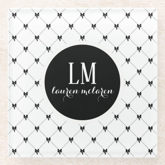 White & Black Bow Monogram Glazen Onderzetter (Voorkant)