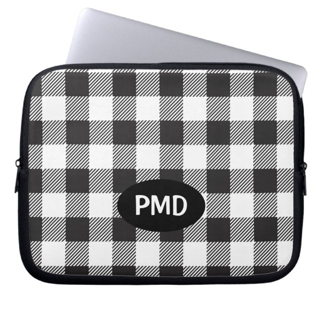 White Black Buffalo Pset Check Monogram Initialen Laptop Sleeve (Voorkant)