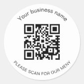 White black business bar restaurant menu qr code ronde sticker (Voorkant)