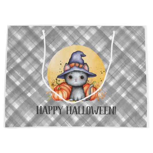 White Black Cat Happy Halloween Groot Cadeauzakje (Voorkant)