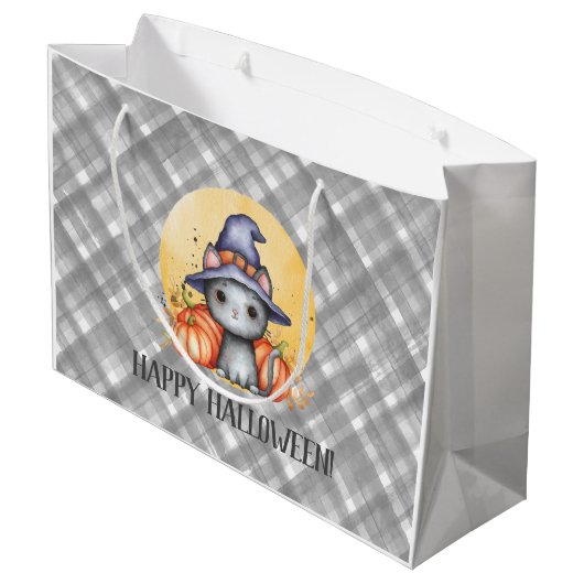 White Black Cat Happy Halloween Groot Cadeauzakje (Achterkant Gekanteld)