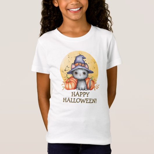White Black Cat Happy Halloween T-shirt (Voorkant)