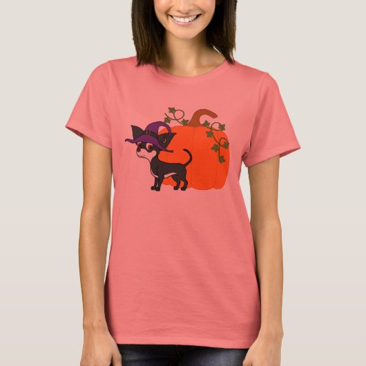 White & Black Chihuahua met Halloween Pumpkin T-shirt (Voorkant)