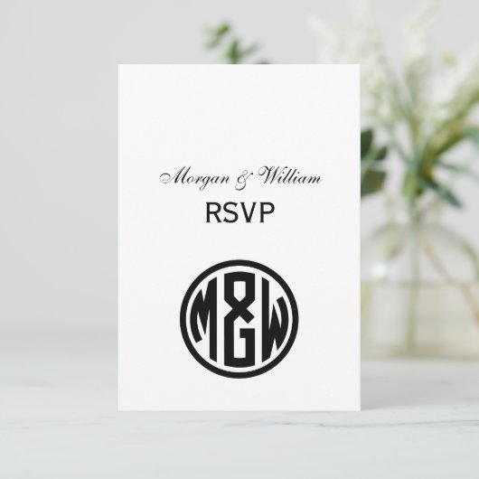 White Black Circle Monogram Font DIY BG RSVP Kaartje (Staand voorkant)