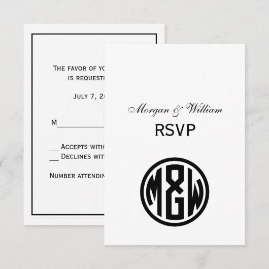 White Black Circle Monogram Font DIY BG RSVP Kaartje (Voorkant / Achterkant)