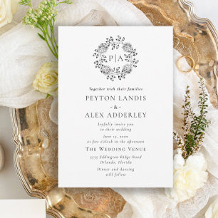 White Black Classic Floral Monogram Wedding Invita Kaart