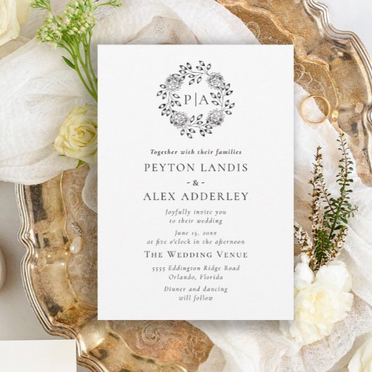White Black Classic Floral Monogram Wedding Invita Kaart