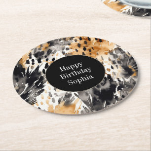 White Black Cream Leopard Animal Birthday Ronde Kartonnen Onderzetter