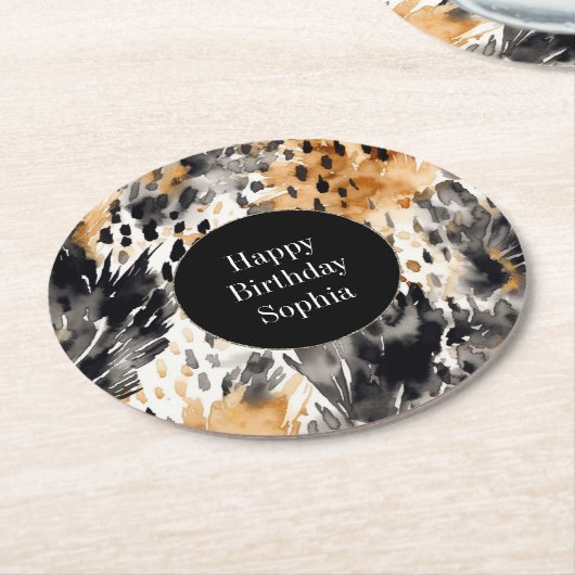 White Black Cream Leopard Animal Birthday Ronde Kartonnen Onderzetter (Gebogen)