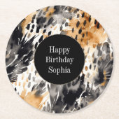 White Black Cream Leopard Animal Birthday Ronde Kartonnen Onderzetter (Voorkant)
