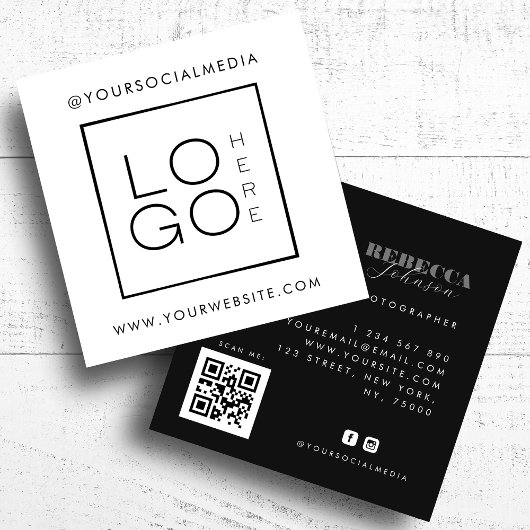 White Black Custom Logo Foto QR Code Sociale media Vierkante Visitekaartje
