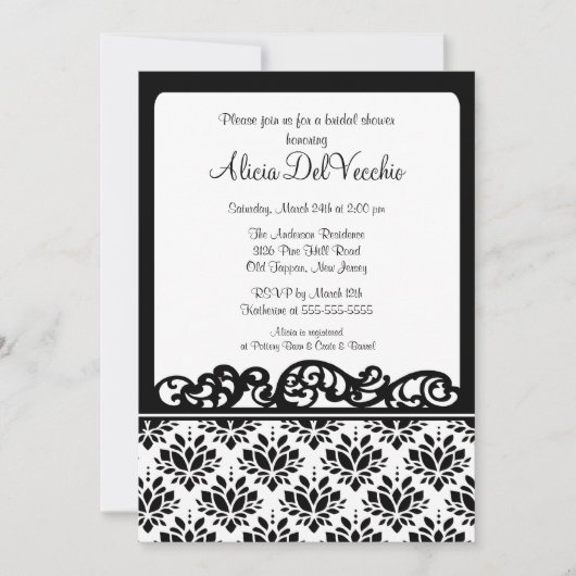 White & Black Damask Bridal Shower Invitation Kaart (Voorkant)