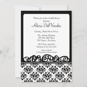 White & Black Damask Bridal Shower Invitation Kaart