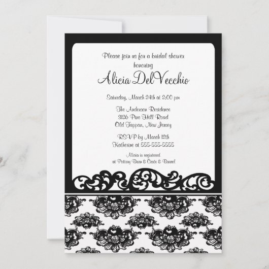 White & Black Damask Bridal Shower Invitation Kaart (Voorkant)