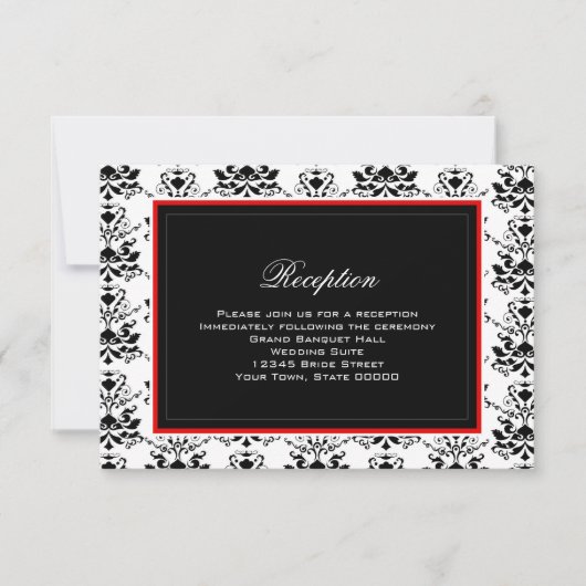 White & Black Damask Red Accent Reception Kaart (Voorkant)