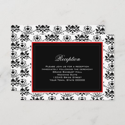 White & Black Damask Red Accent Reception Kaart (Voorkant / Achterkant)