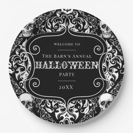 White Black Damask Skull Halloween Patroon Aangepa Papieren Bordje (Voorkant)