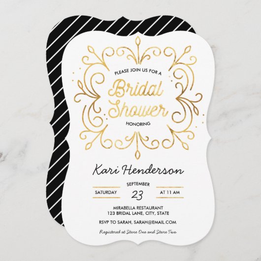White Black en Faux Gold Bridal Shower Kaart (Voorkant / Achterkant)