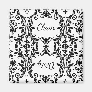 White Black Floral Damask Dishwasher Clean Dirty Magneet