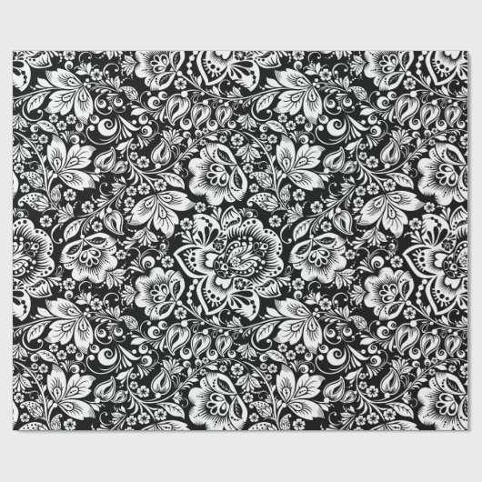 White & Black Floral DamasPattern Cadeaupapier (Vlak)
