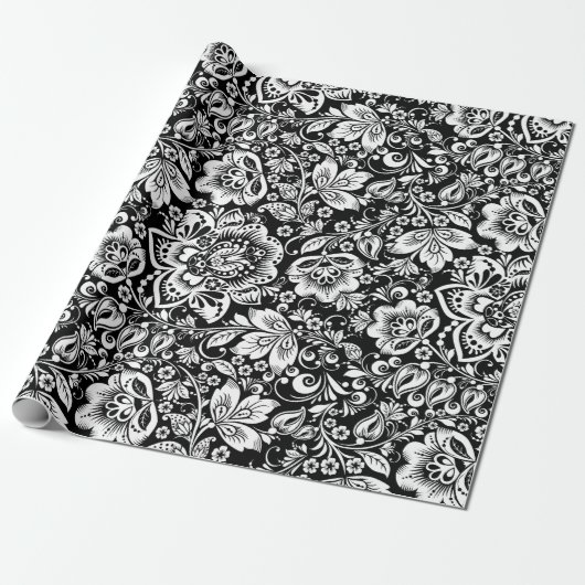 White & Black Floral DamasPattern Cadeaupapier (Uitgerold)